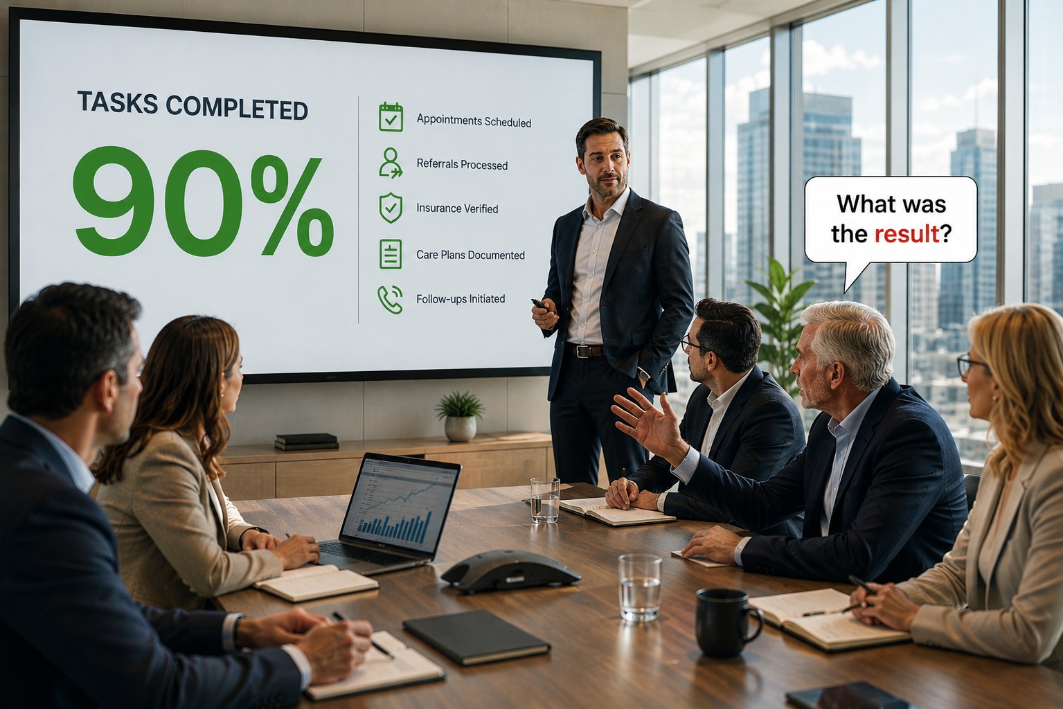Healthcare executives in a boardroom reviewing a slide showing 90% of tasks completed, asking what the result was